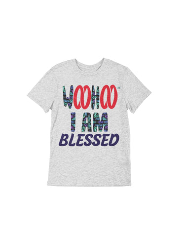 A heather gray unisex t-shirt designed by WooHoo Apparel, The t-shirt features the text 'woohoo, I am Blessed' in stain glass cool-looking fonts, with the double 'oo' in 'woohoo' represented by a red double infinity symbol